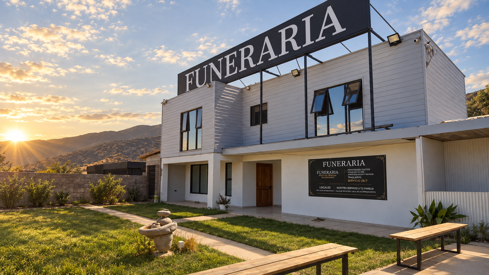Fachada de Funeraria Nuestra Señora del Rosario, fotografía retocada con luz de atardecer