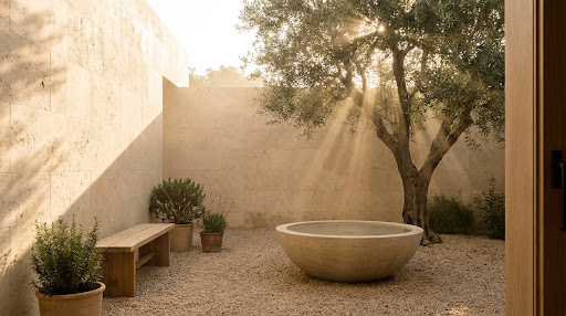 Jardín contemplativo con olivo